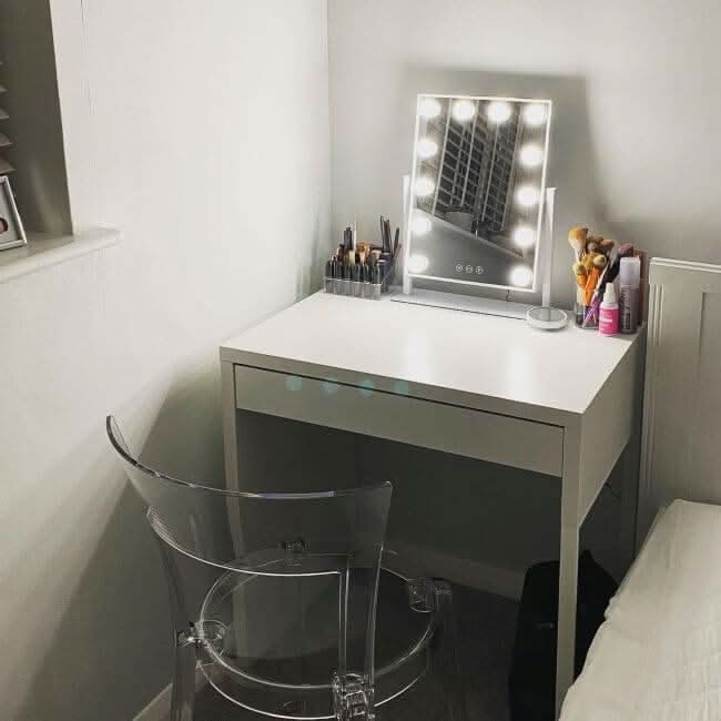 White vanity table with built-in drawer and bright led lit rectangular hollywood mirror 47x37cm perfect for bedrooms