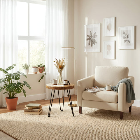 Beige upholstered armchair with dark wooden legs and soft fabric near the olva round chunky coffee table pictured table