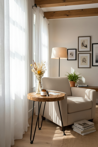Beige upholstered armchair with sleek black metal hairpin legs next to olva round chunky coffee table pictured table
