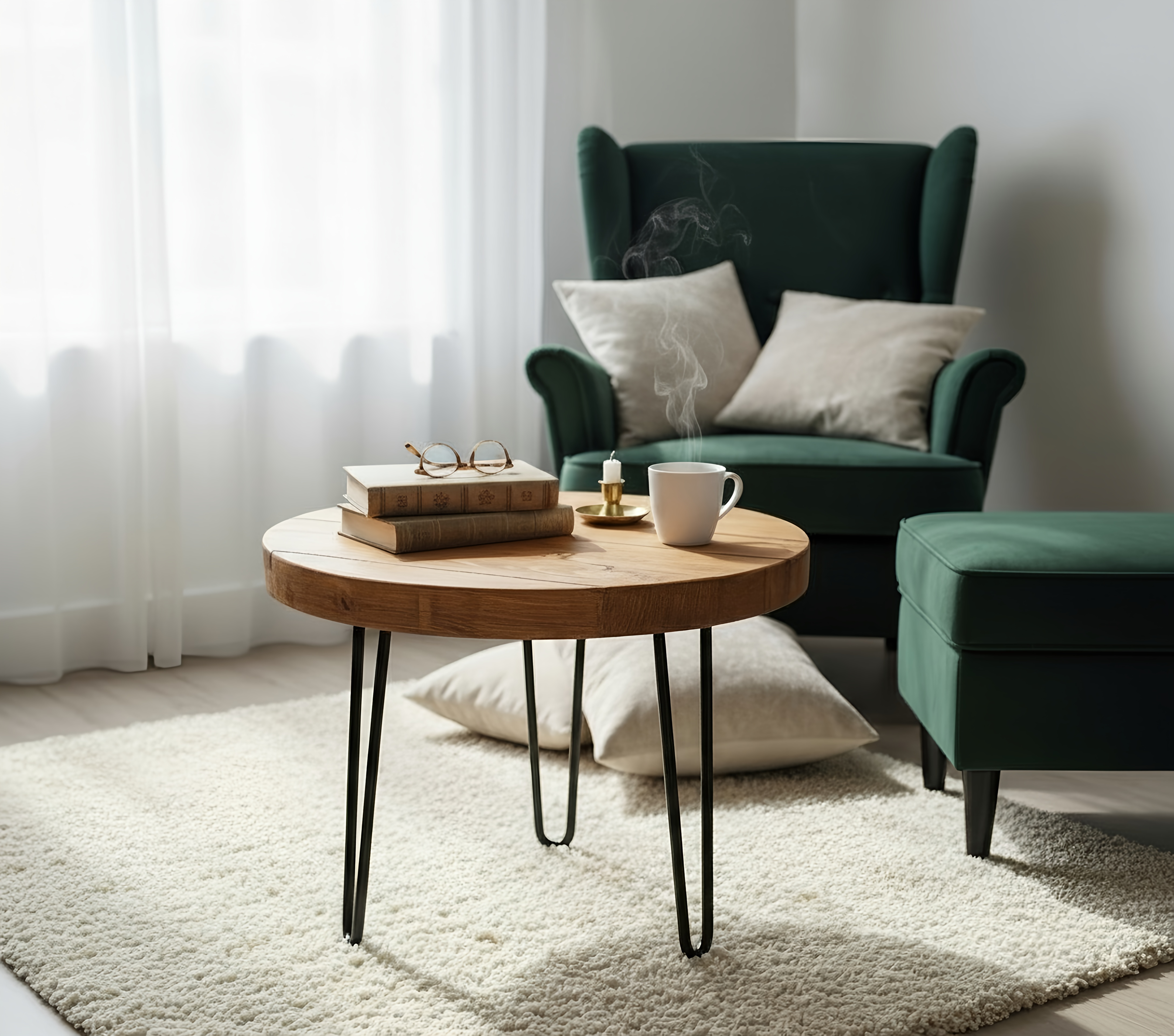 Olva round chunky coffee table with black hairpin legs made of round wooden top shown as a coffee table