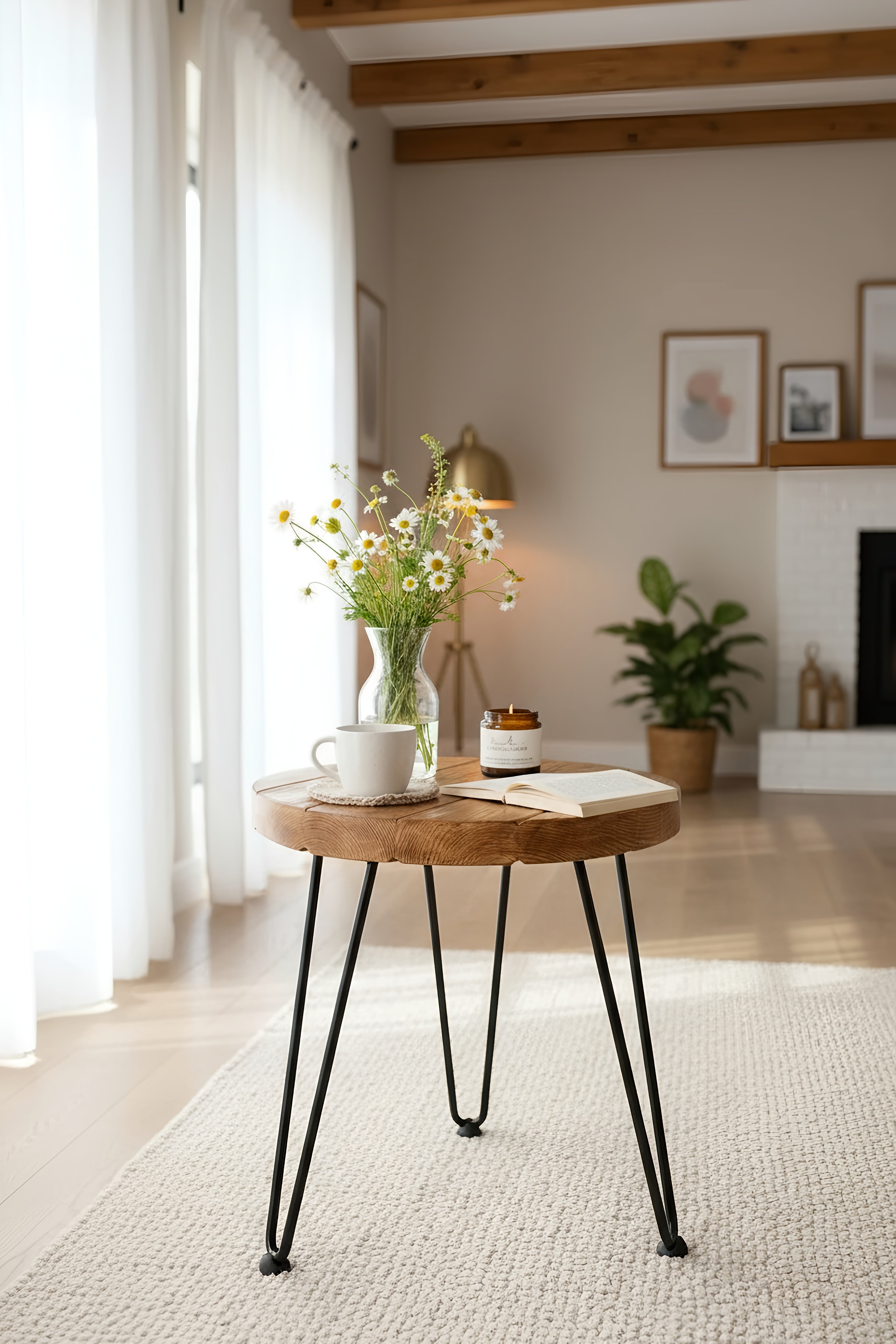 Round wooden coffee table with black metal hairpin legs pictured table from olva chunky collection