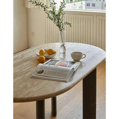 O’Malley Oval Dining Table Travertin & Solid Wood - Dining table