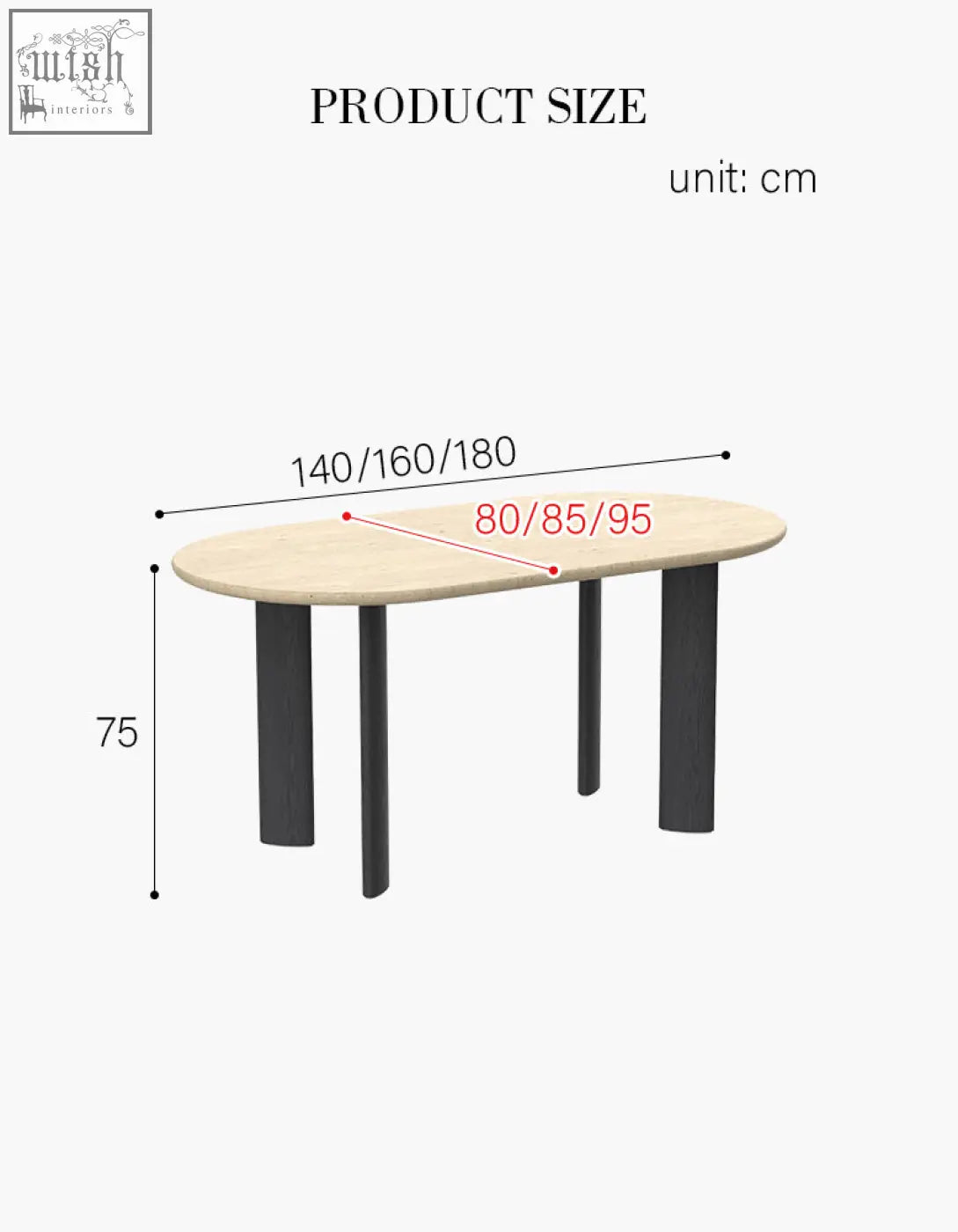 Modern oval dining table with light wood travertin top and sleek black solid wood legs in three sizes