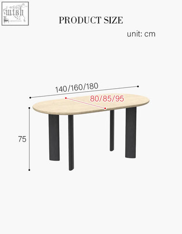 Modern oval dining table with light wood travertin top and sleek black solid wood legs in three sizes