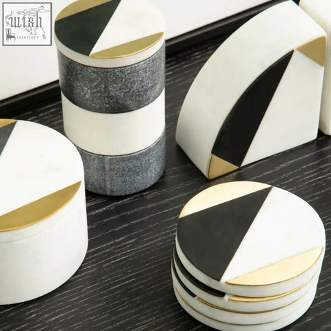 Omari marble stacking trinket pots with geometric marble design and gold trim in black white and gray tones