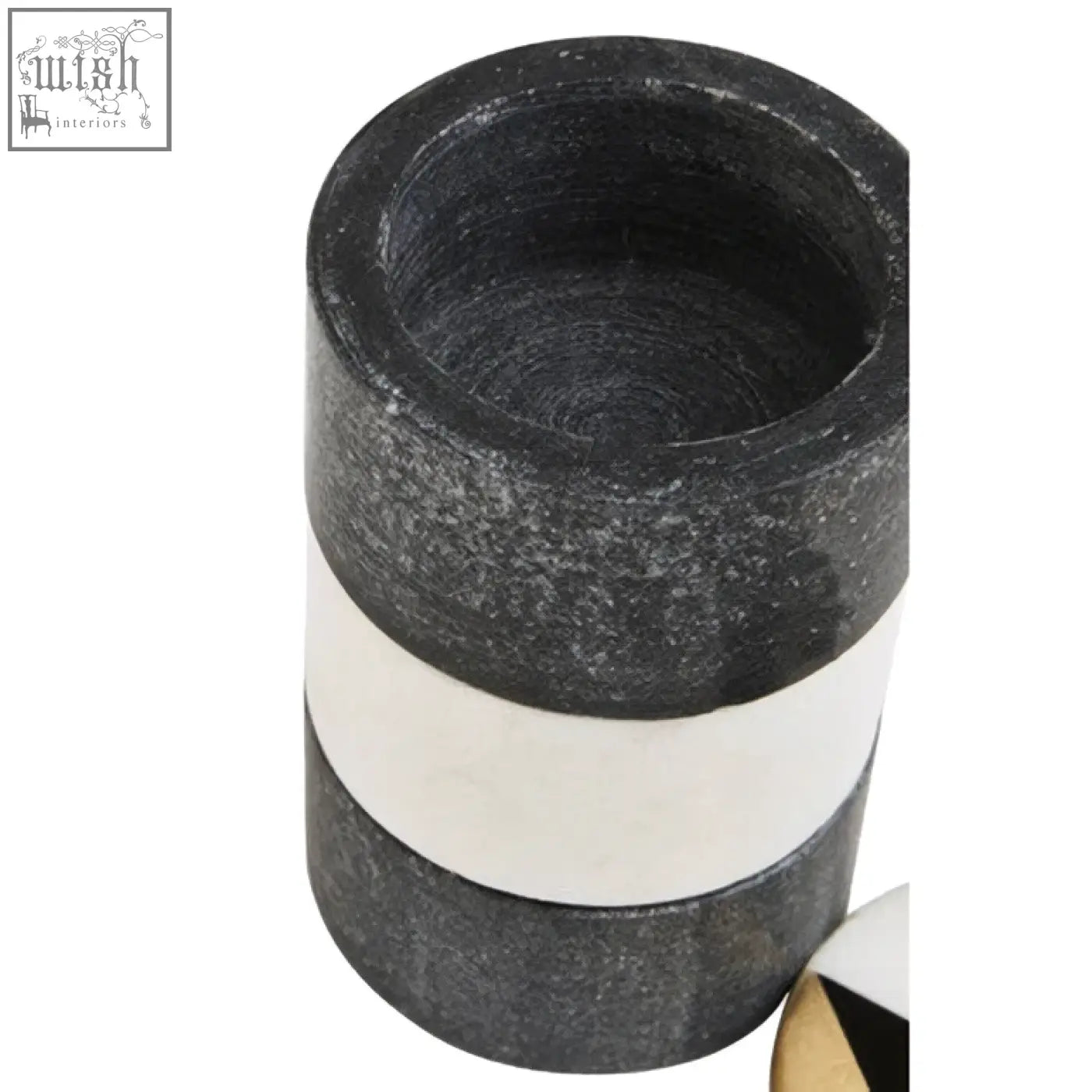 Black and white marble cylindrical candle holder with smooth polished finish from omari marble stacking trinket pots collection