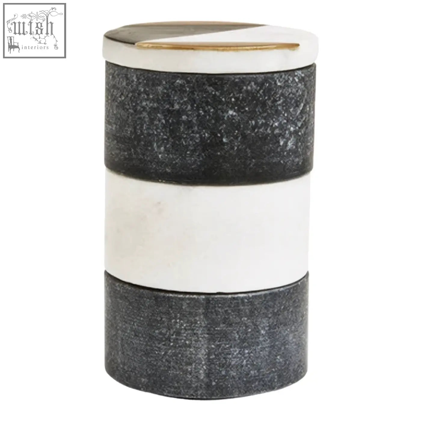 Black and white marble striped cylindrical container with gold trimmed lid from omari marble stacking trinket pots