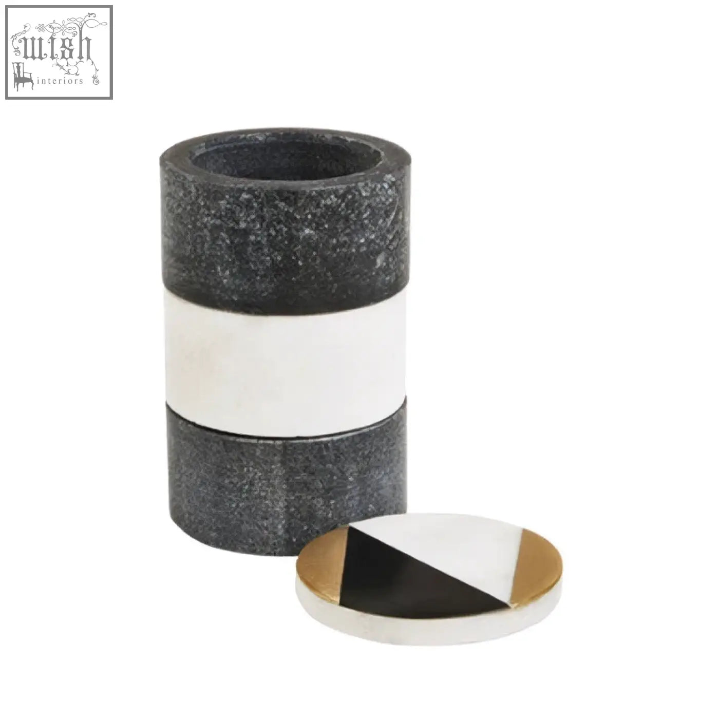 Black and white speckled stone omari marble stacking trinket pot with geometric patterned circular lid