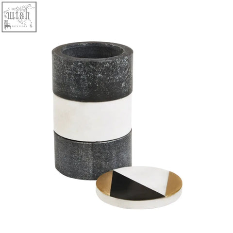 Black and white speckled stone omari marble stacking trinket pot with geometric patterned circular lid