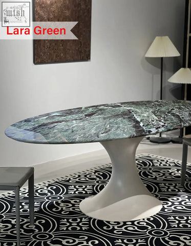 Omer oval dining table with polished green marble top and sleek white pedestal base perfect for dining room oval dining