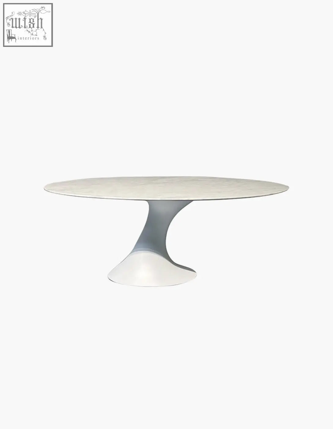 White marble top omer oval dining table with a sleek sculpted base perfect for any stylish dining room