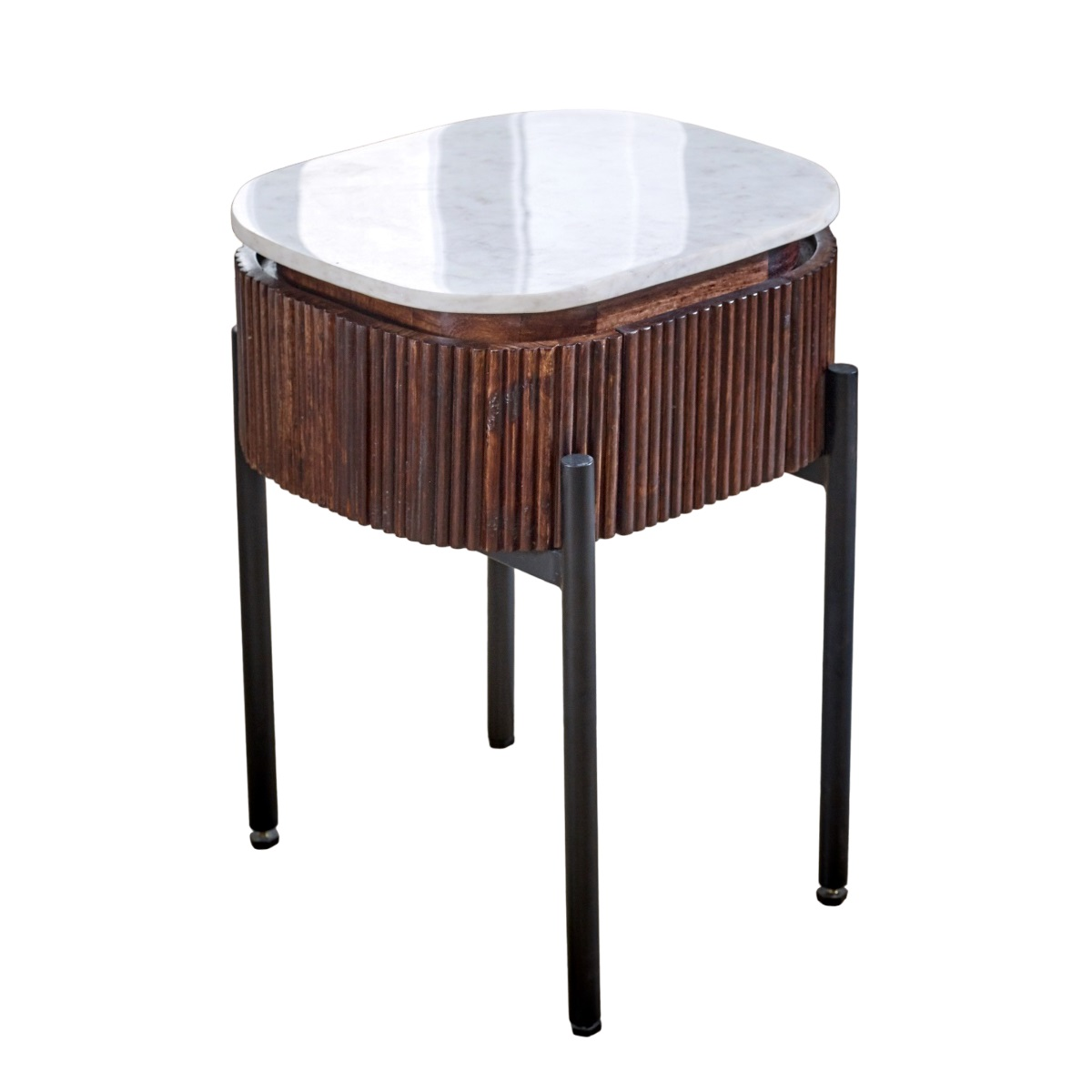 Opal mango wood bedside table with white marble top and black metal legs featuring rich brown mango wood slats
