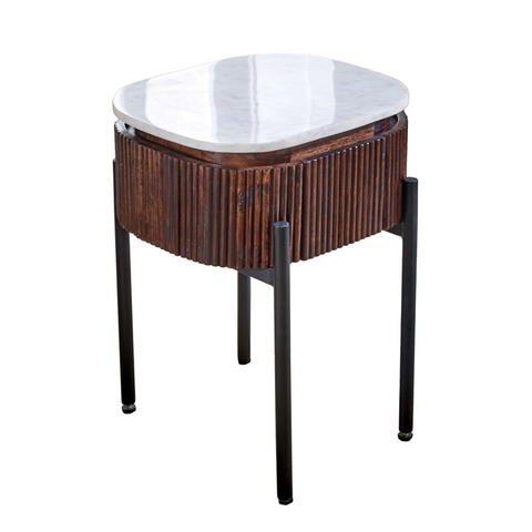 Opal mango wood bedside table with white marble top and black metal legs featuring rich brown mango wood slats