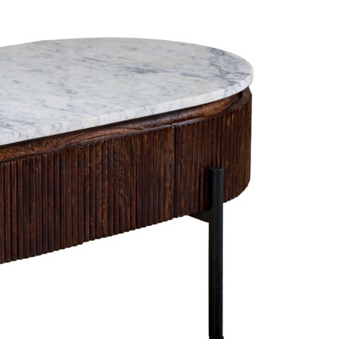 Elegant mango wood rectangular coffee table with white marble top dark wood slat sides and black metal legs