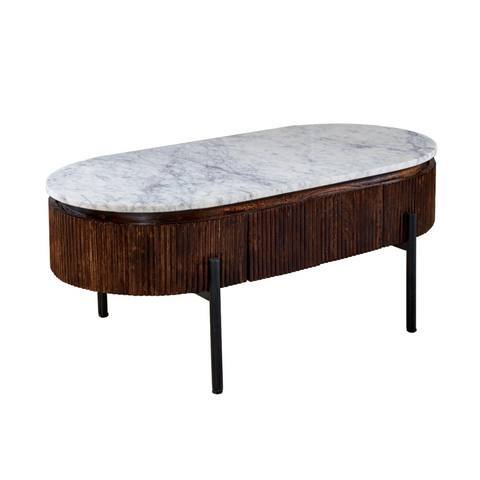 Elegant mango wood rectangular coffee table with white marble top dark wood slats and black metal legs