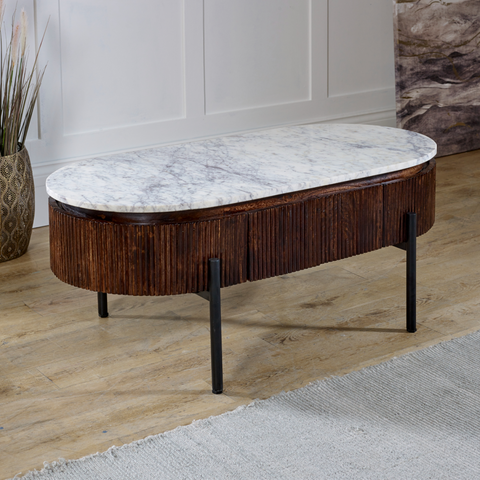 Elegant mango wood rectangular coffee table with white marble top dark wood slatted base and black metal legs