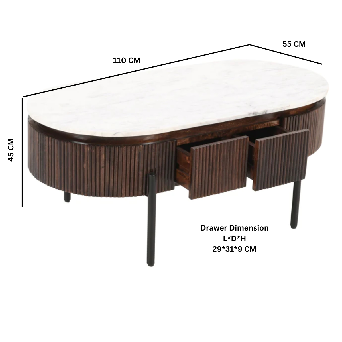 Elegant oval coffee table with white marble top and dark mango wood rectangular base with vertical grooves and black legs