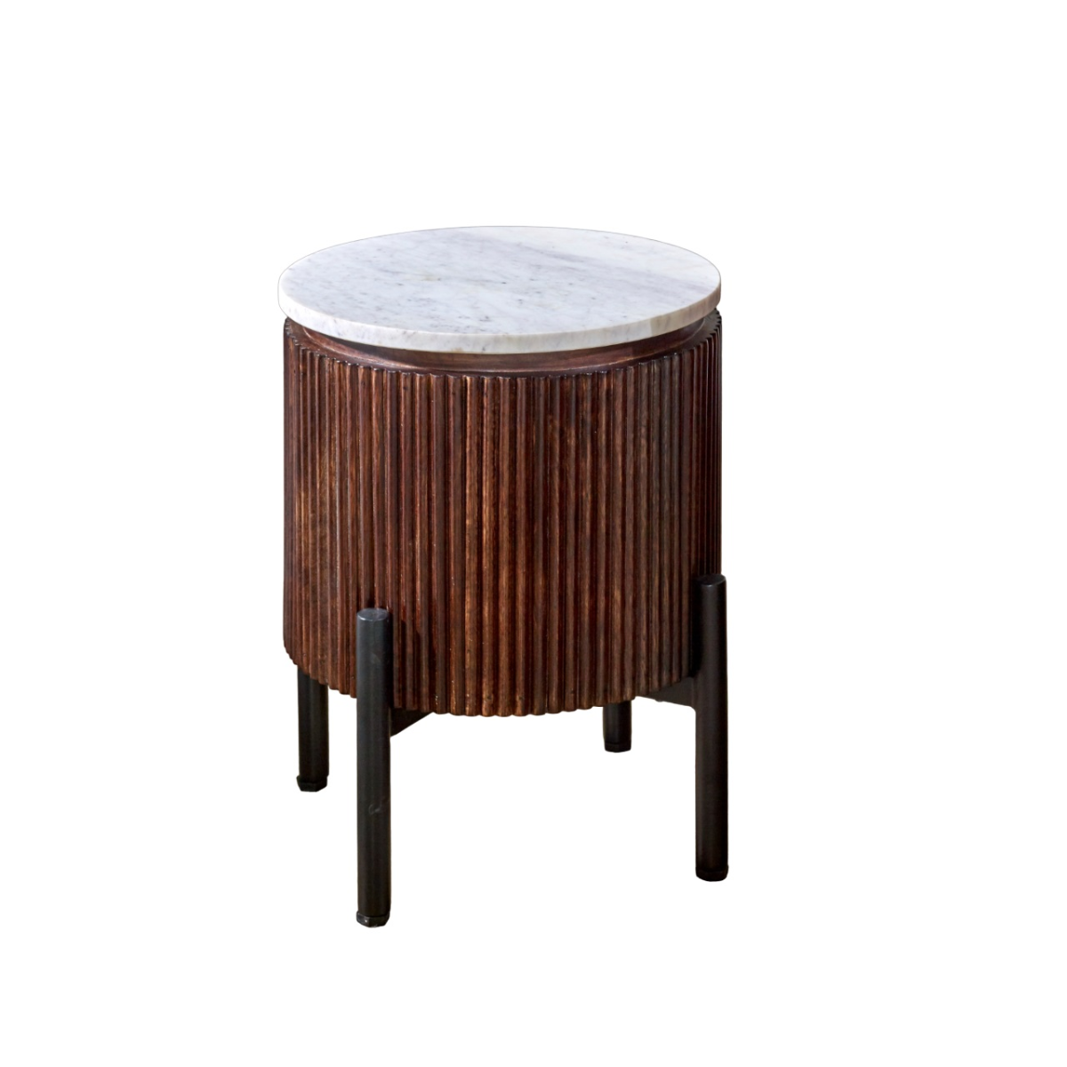 Opal mango wood side table with white marble top and dark brown ribbed body on black metal legs