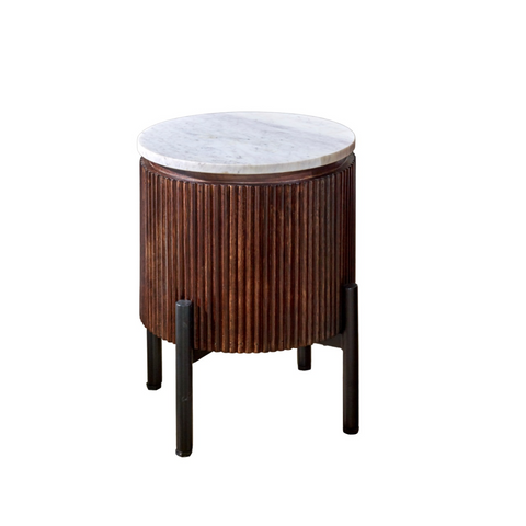 Opal mango wood side table with white marble top and dark brown ribbed body on black metal legs