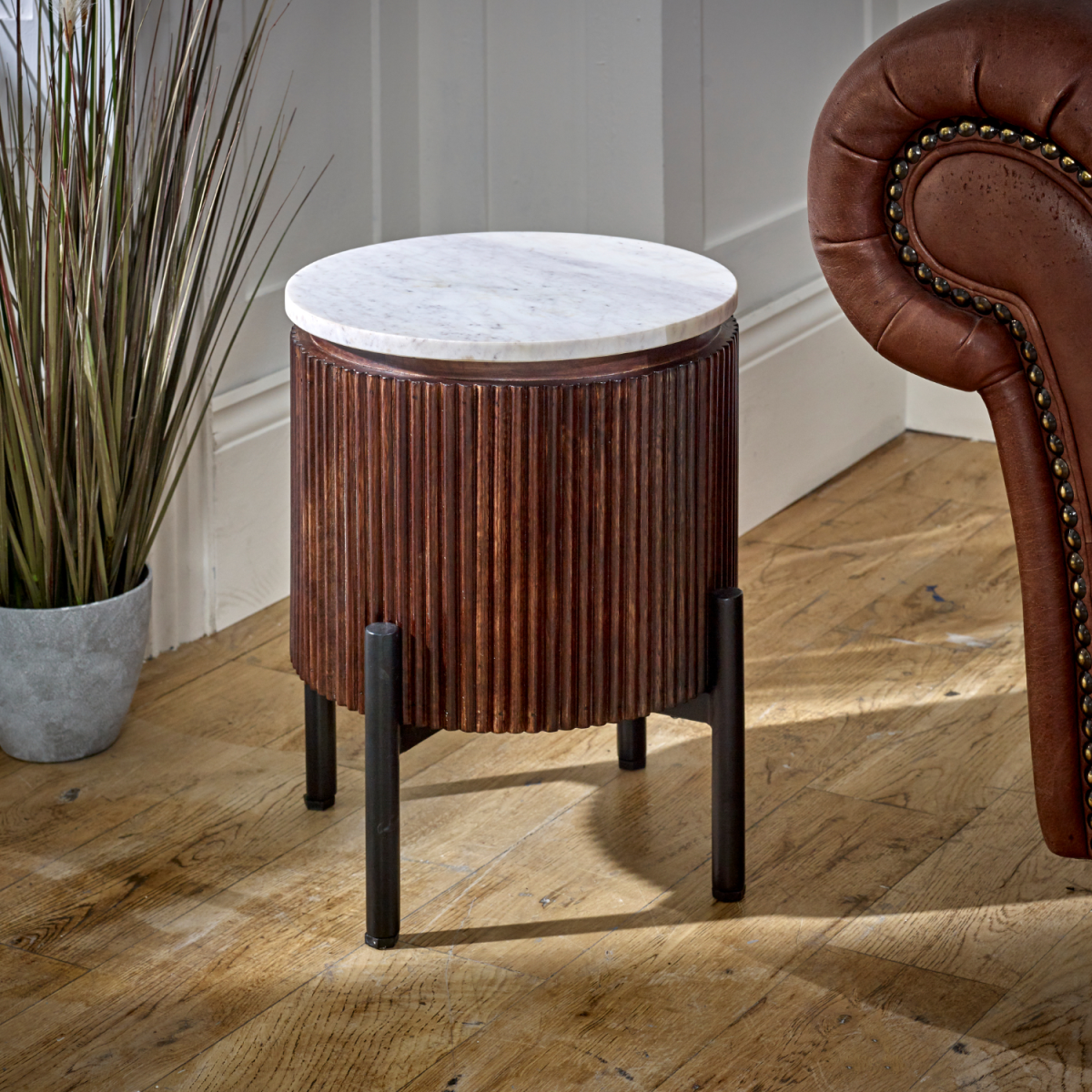 Opal mango wood side table with white marble top dark brown mango wood body and black metal legs
