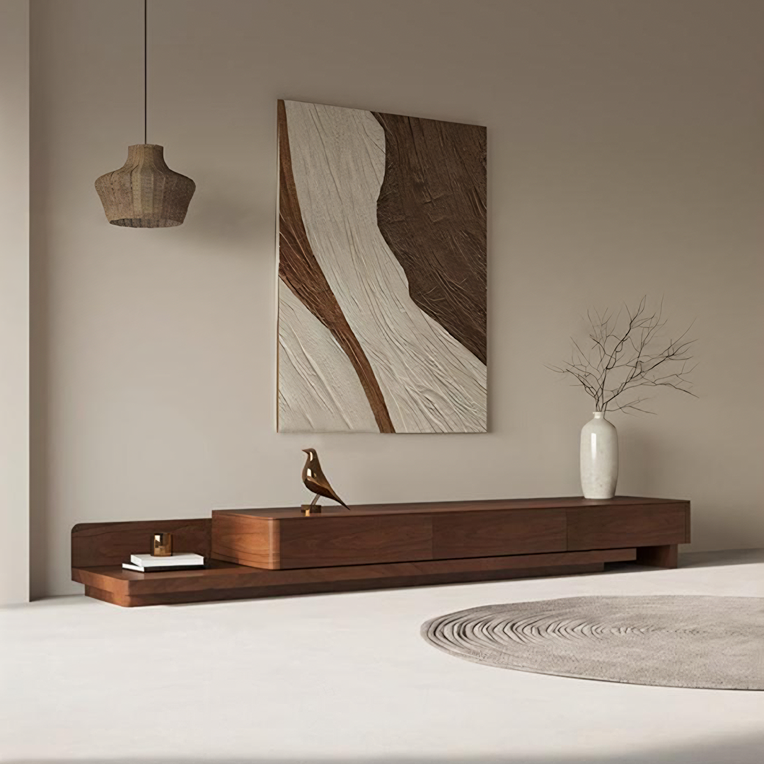 Modern minimalist opaline tv stand made of dark brown wood with clean geometric lines for media storage