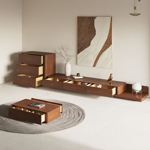 Modern minimalist wooden media console opaline tv stand with drawers and open storage in warm walnut tone