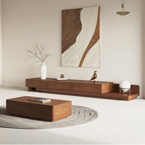 Modern minimalist wooden media console opaline tv stand with warm brown finish and clean lines