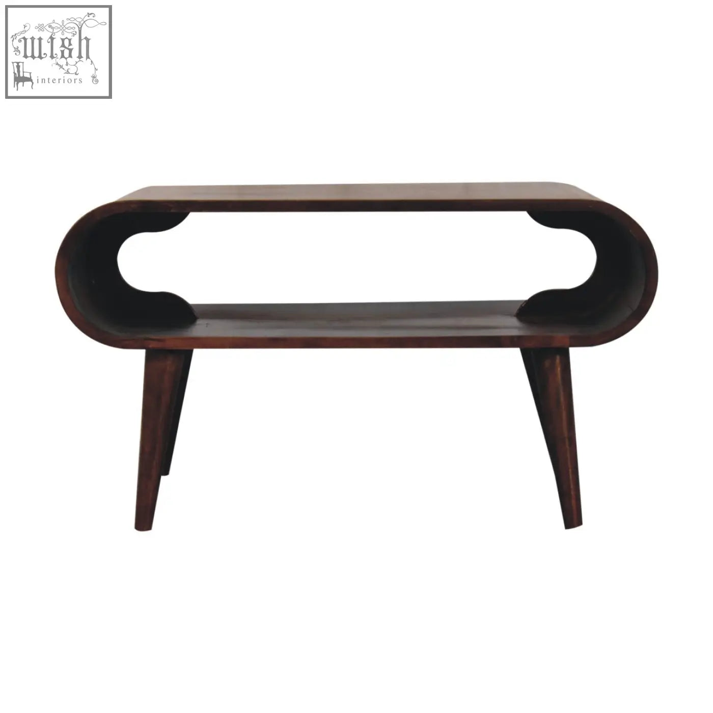 Dark wood california walnut coffee table with curved open-frame design and tapered legs for living room use