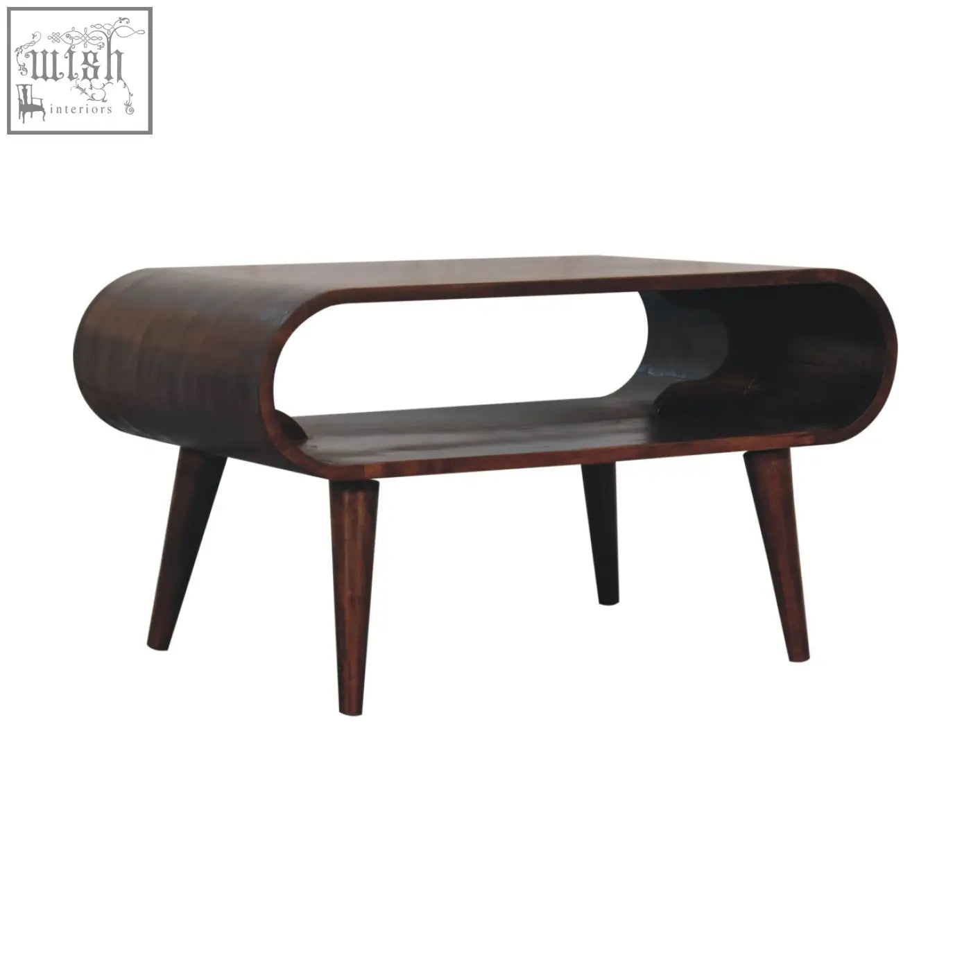Open california walnut coffee table with sleek dark brown wood and curved design offers storage for your living room