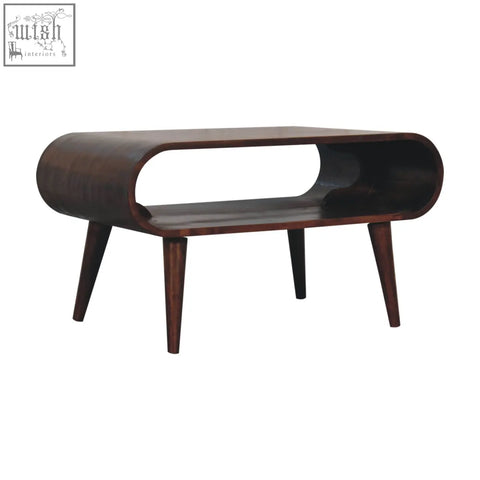 Open california walnut coffee table with sleek dark brown wood and curved design offers storage for your living room