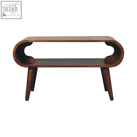 Mid-century modern open chestnut coffee table with chestnut finish mango wood and curved sculpted sides with open shelf