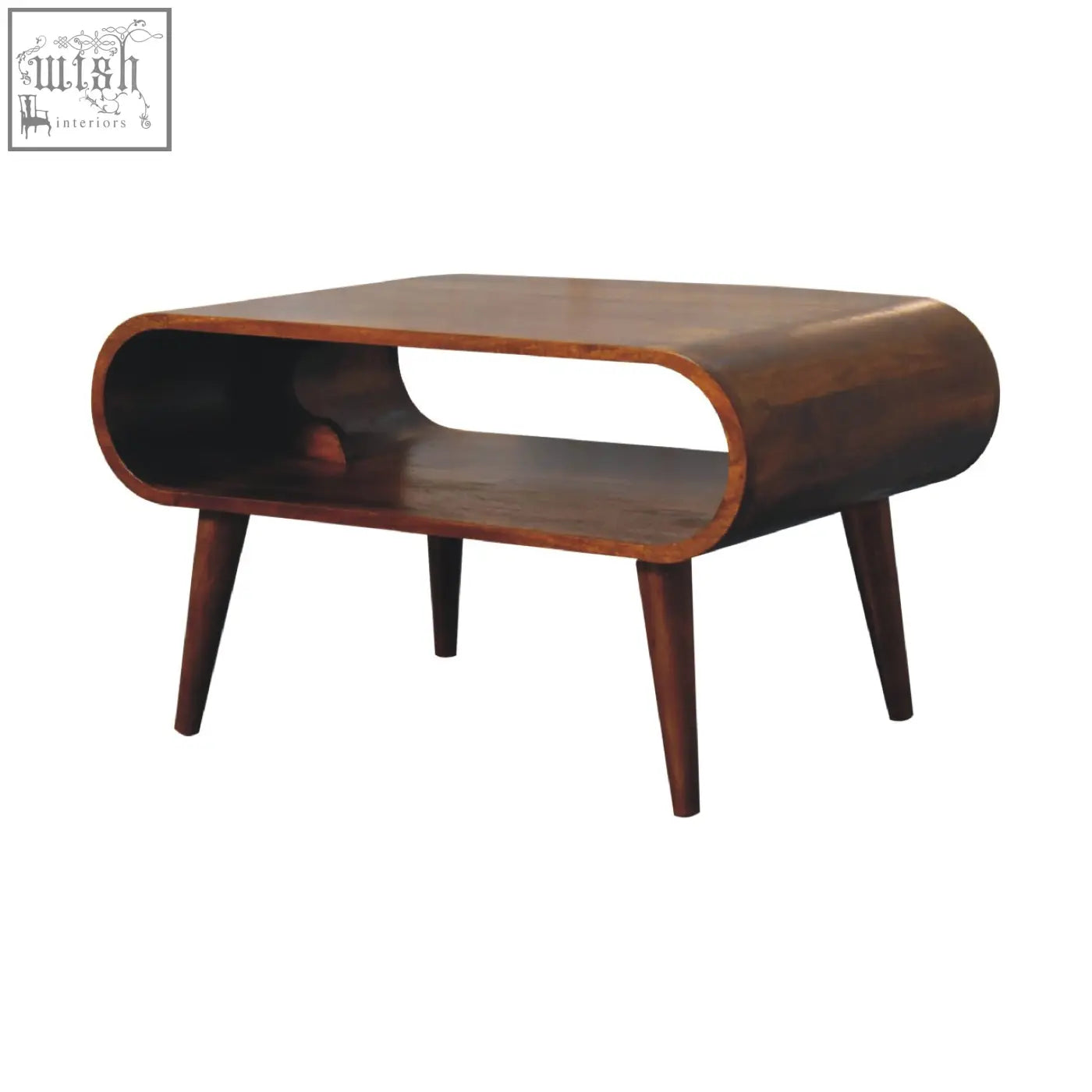 Open chestnut coffee table featuring a sleek curved design in rich dark brown chestnut finish mango wood