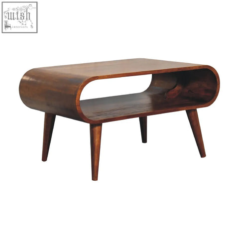 Open chestnut coffee table with sleek curved design tapered legs chestnut finish on mango wood for mid-century style