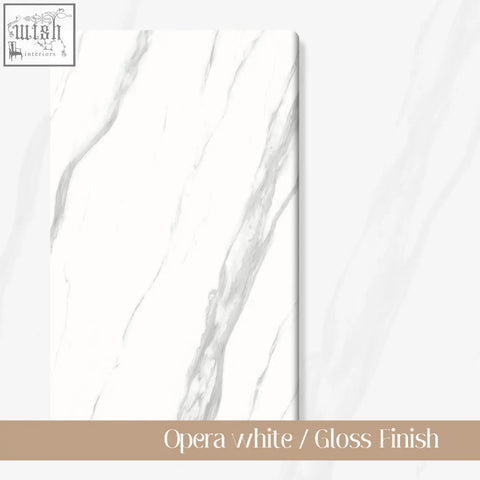 Opera white sintered stone tile with gloss finish featuring elegant gray veining on a marble surface