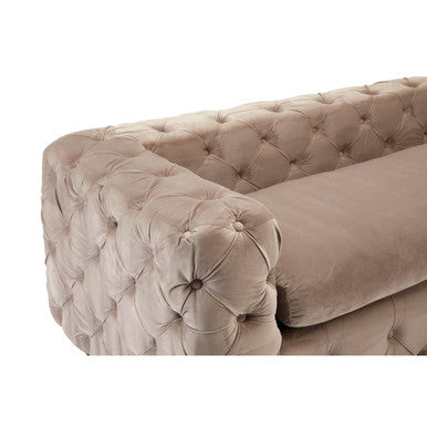 Beige velvet sofa with classic button tufting and plush velvet seat beige perfect for stylish living rooms