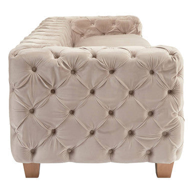 Ophelia 3 seat beige velvet sofa with diamond tufted velvet upholstery and wooden legs for stylish seating