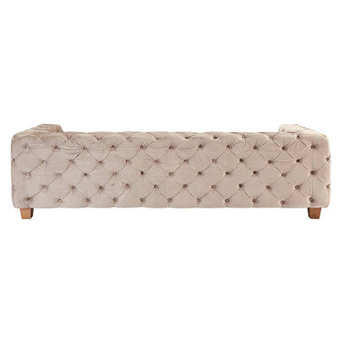 Ophelia 3 seat beige velvet sofa with tufted diamond button detailing and wooden legs in seat beige velvet material