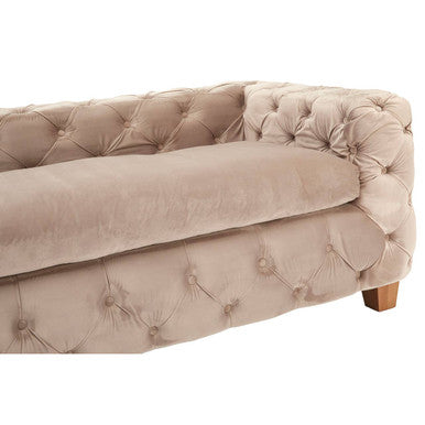Ophelia 3 seat beige velvet sofa with wooden legs and tufted cushions perfect for living room seating