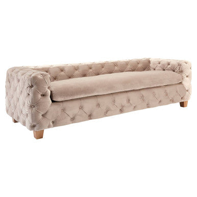 Ophelia 3 seat beige velvet sofa with tufted velvet upholstery and wooden legs perfect for cozy seating
