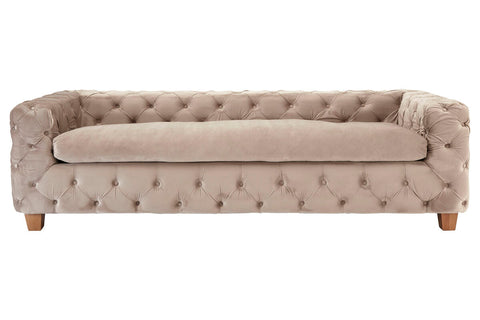Ophelia 3 seat beige velvet sofa with tufted cushions and wooden legs perfect for cozy living rooms