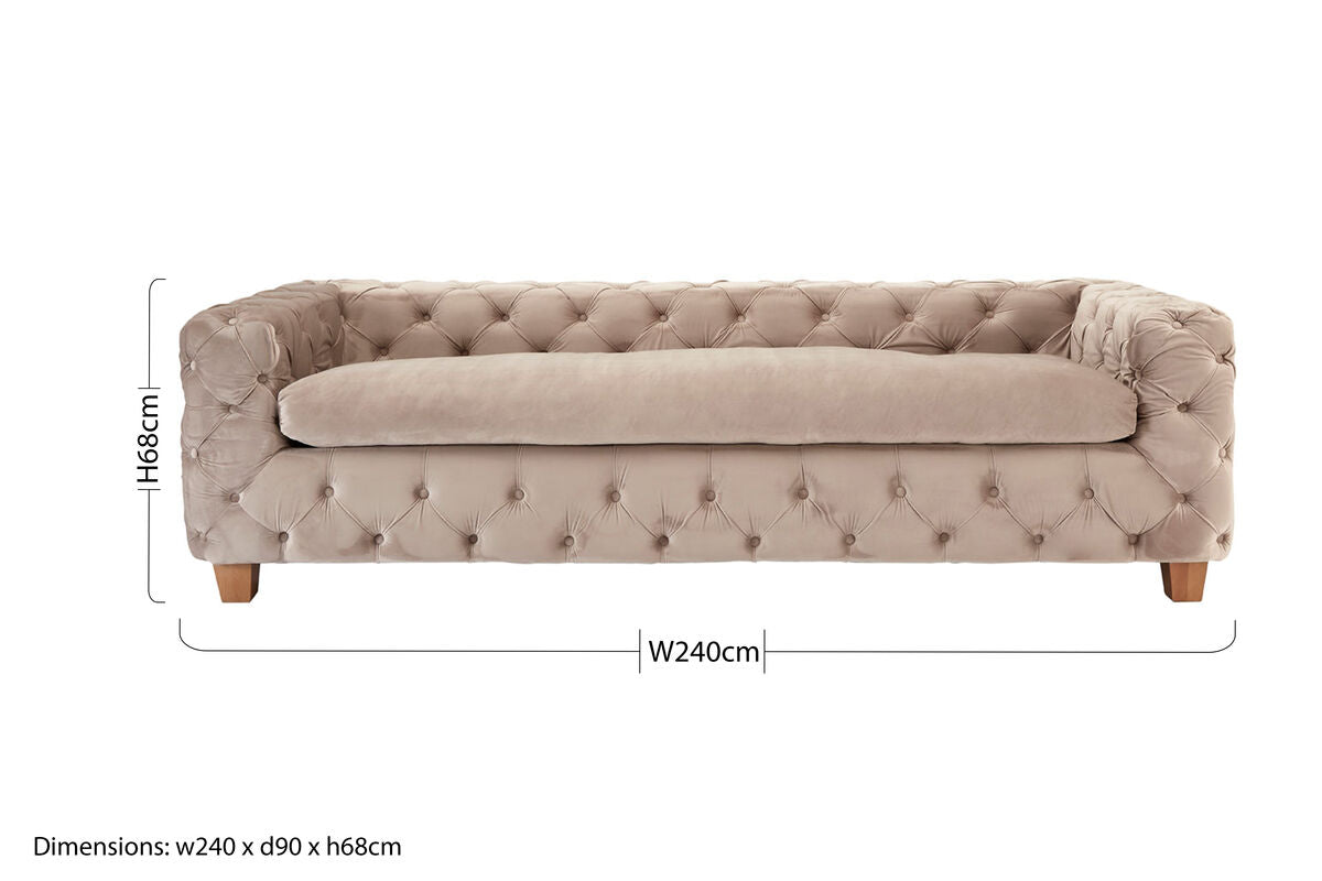 Ophelia 3 seat beige velvet sofa with tufted design and wooden legs perfect for cozy living rooms