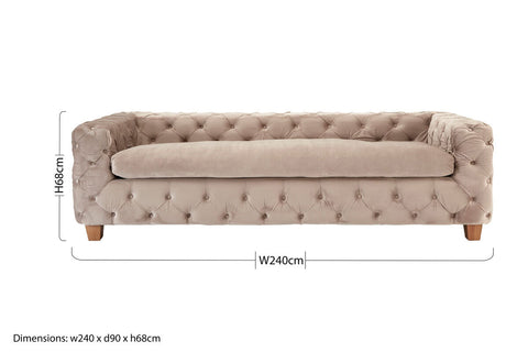 Ophelia 3 seat beige velvet sofa with tufted design and wooden legs perfect for cozy living rooms