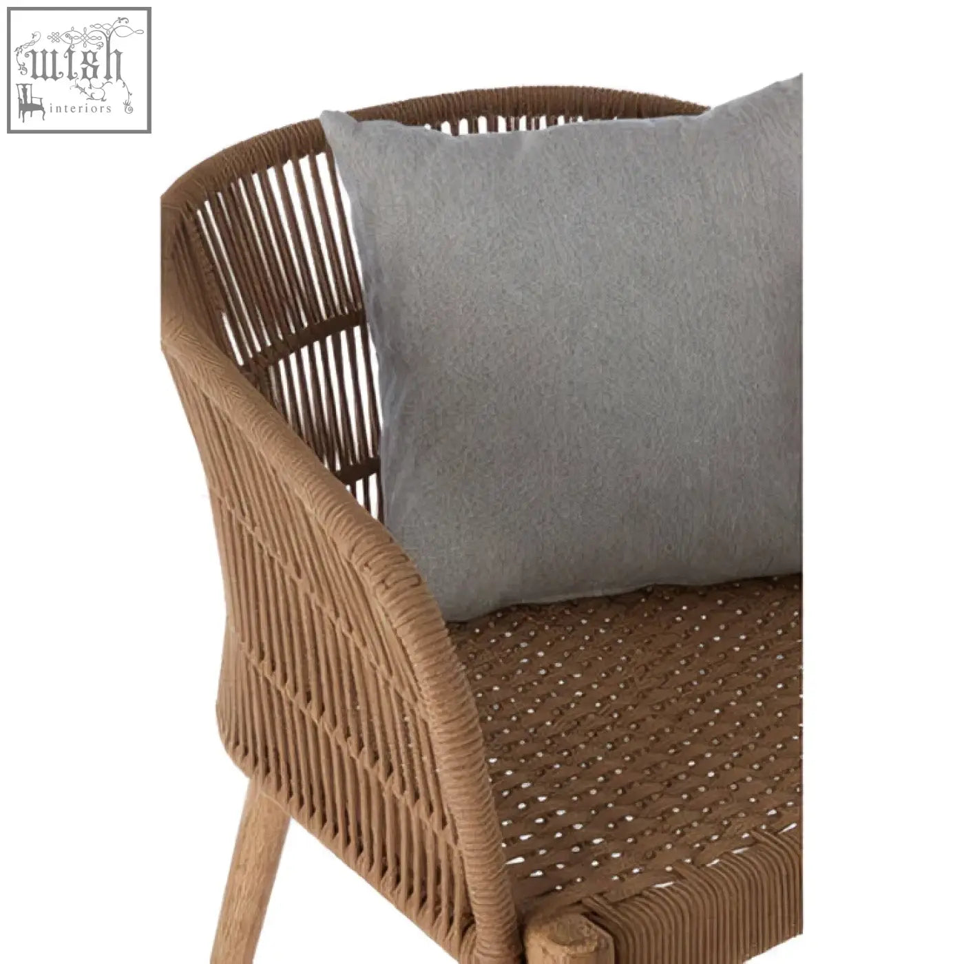 Opus armchair brown woven rattan chair with a light grey cushion perfect for indoor or outdoor seating
