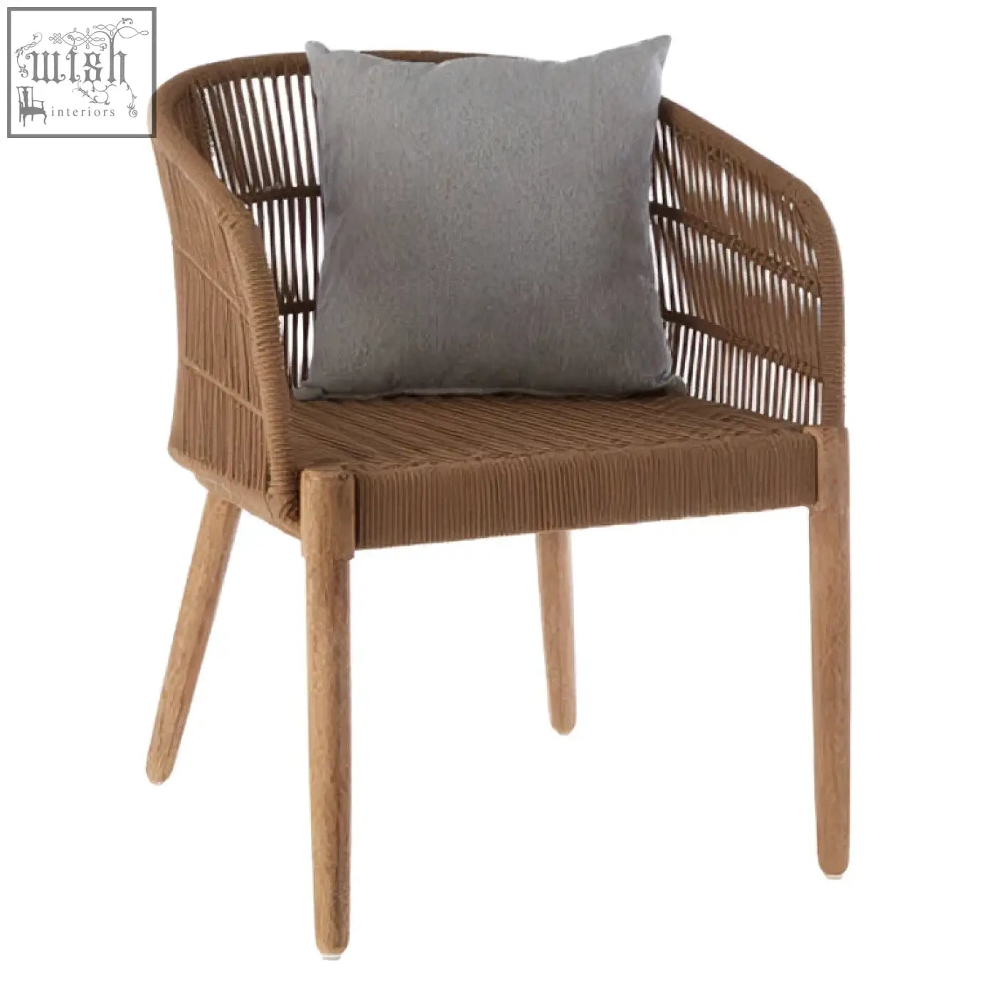 Opus armchair brown woven wicker with wooden legs and light grey cushion for comfy seating