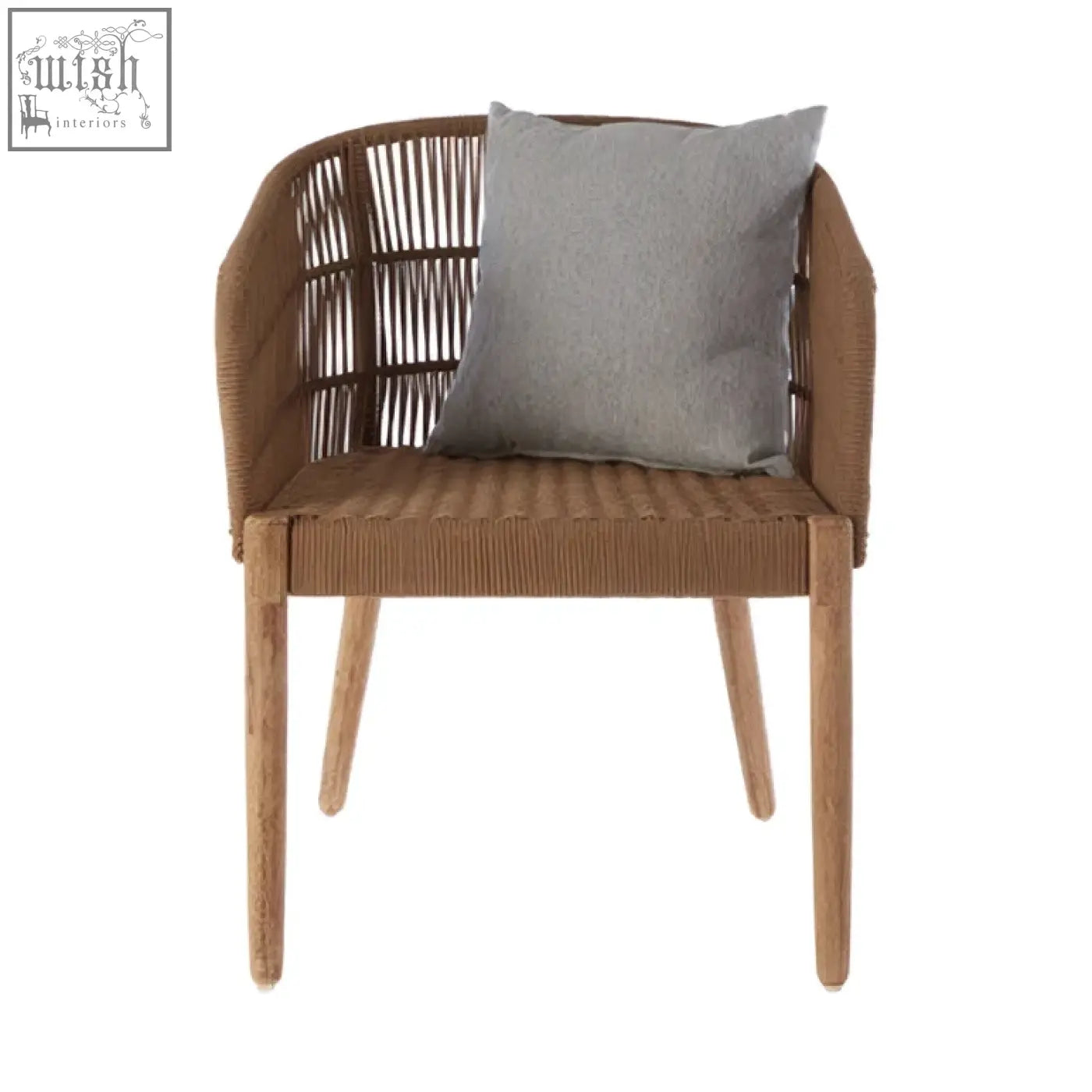 Opus armchair woven rattan with light wood legs and a light grey cushion for cozy seating