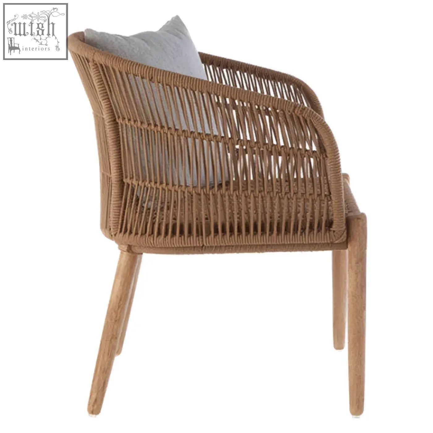 Opus armchair woven rattan with light wood legs and a comfy light grey cushion for stylish seating