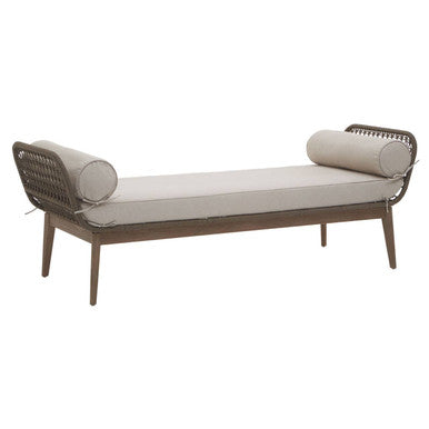 Modern opus rope woven longue bench with dark brown rattan frame light gray cushions and matching pillows