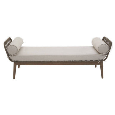 Opus rope woven longue bench with light gray cushions and dark wood frame featuring a modern woven rattan design