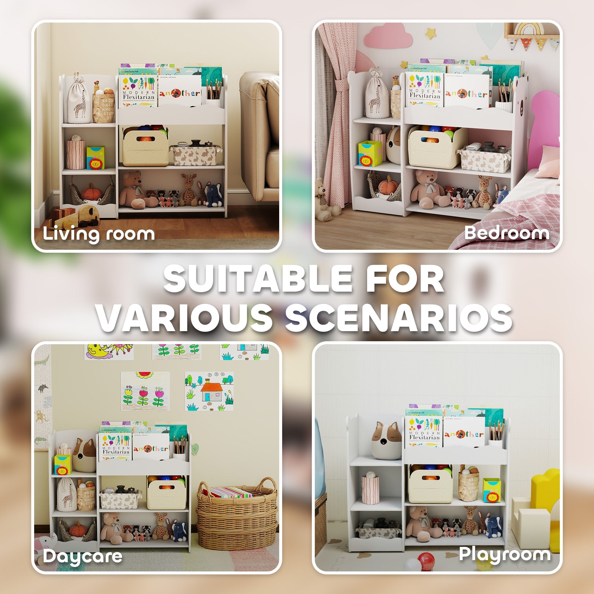 AIYAPLAY Kids Toy Storage Unit, Bear Design Kids Bookshelf and Toy Organiser, for Bedroom, Nursery, Playroom, White