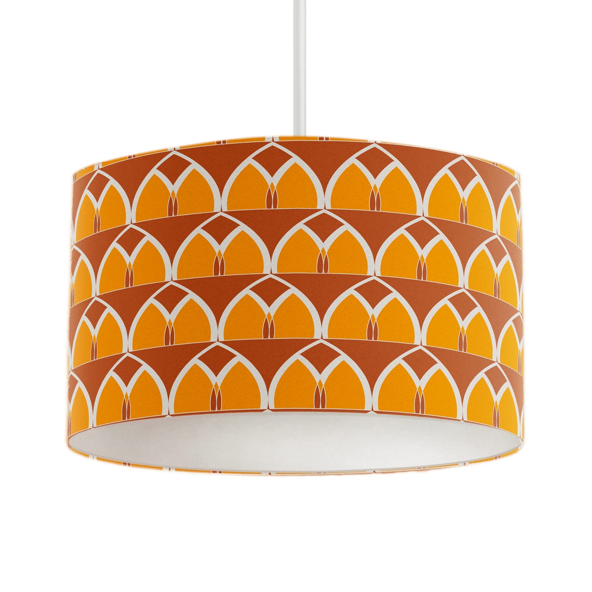 Orange and yellow geometric arches design cylindrical pendant lampshade for table lamp or floor lamp in warm terracotta